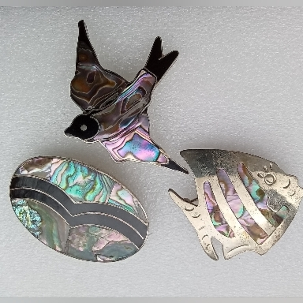 Mexico Alpaca Abalone Shell Tree Brooches Lot  Fish  Bird and Oval Shape